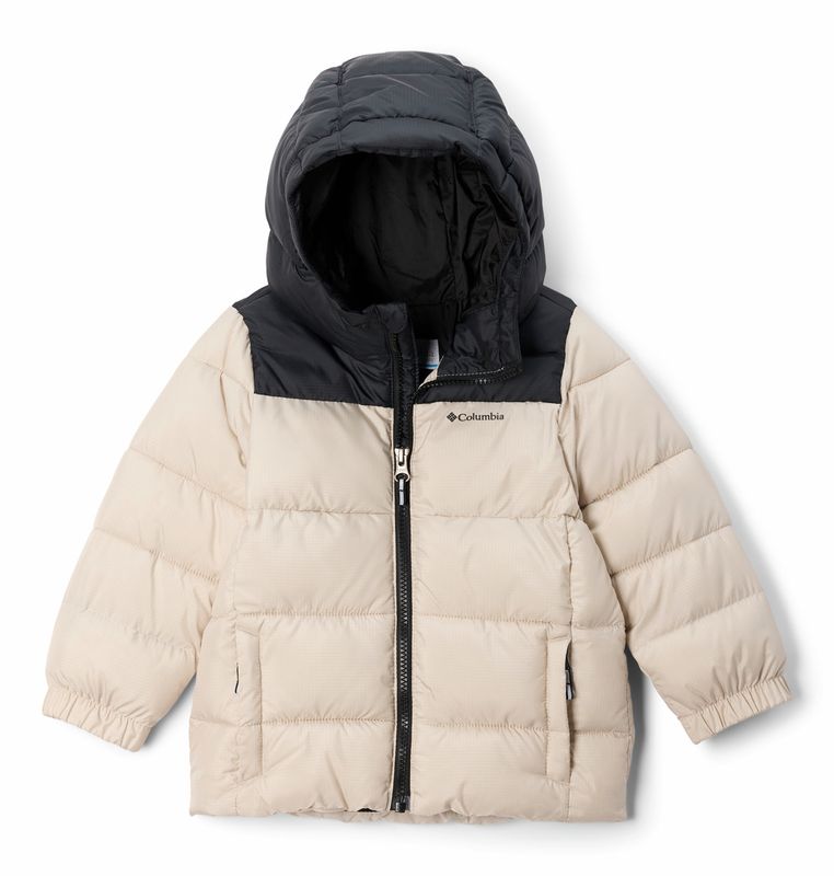 FRONT VIEW OF COLUMBIA YOUTH PUFFECT HOODED WINTER JACKET IN DARK STONE/BLACK