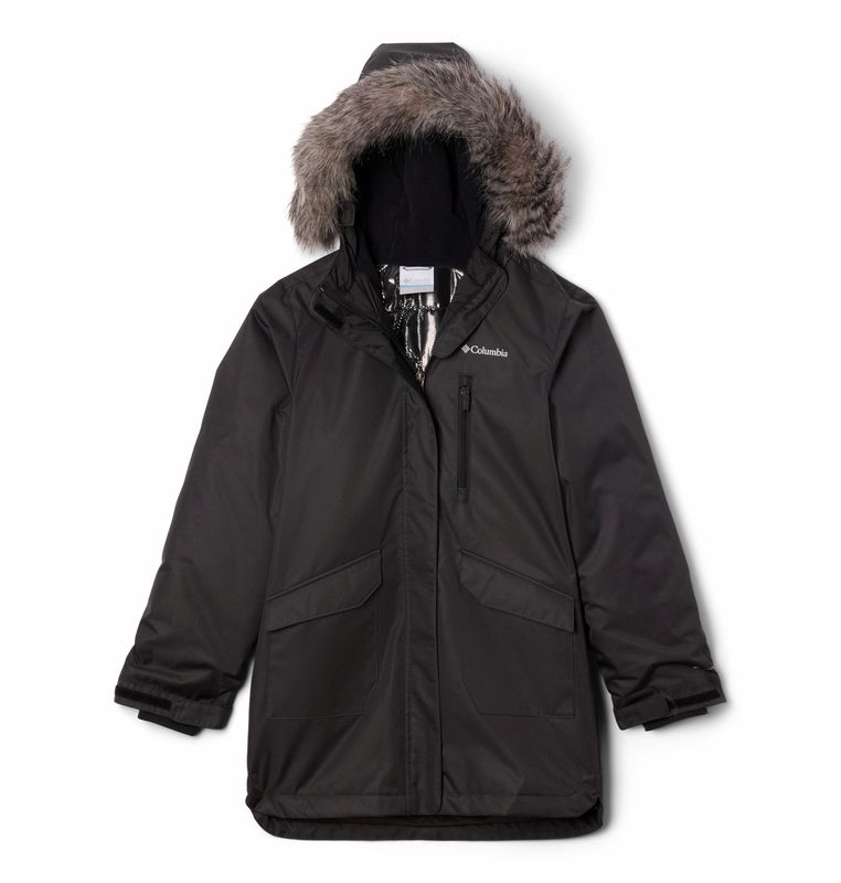 FRONT VIEW OF COLUMBIA YOUTH GIRLS SUTTLE MOUNTAIN II LONG INSULATED WINTER JACKET IN BLACK