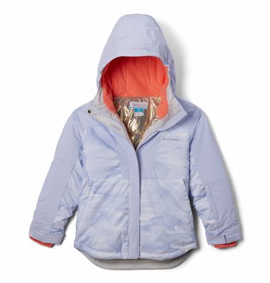 FRONT VIEW OF COLUMBIA YOUTH GIRLS MIGHTY MOGUL III PRINTED WINTER JACKET IN WINDBLOWIN/SNOWDRIFT