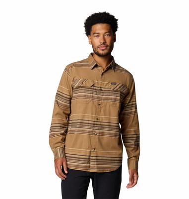 FRONT VIEW OF COLUMBIA MENS FLARE GUN STRETCH FLANNEL LONG SLEEVE SHIRT IN DELTA VISTA STRIPE