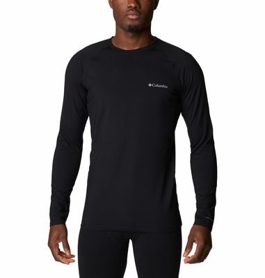 FRONT VIEW OF COLUMBIA MENS OMNI-HEAT INFINITY KNIT LONG SLEEVE CREW BASELAYER TOP IN BLACK