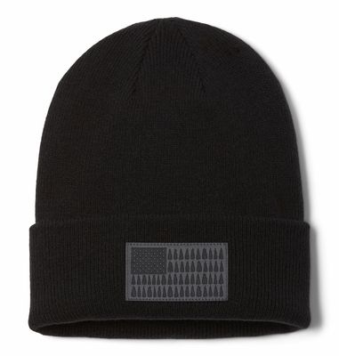 FRONT VIEW OF COLUMBIA UNISEX COLUMBIA TREE FLAG CUFFED BEANIE WINTER HAT IN BLACK
