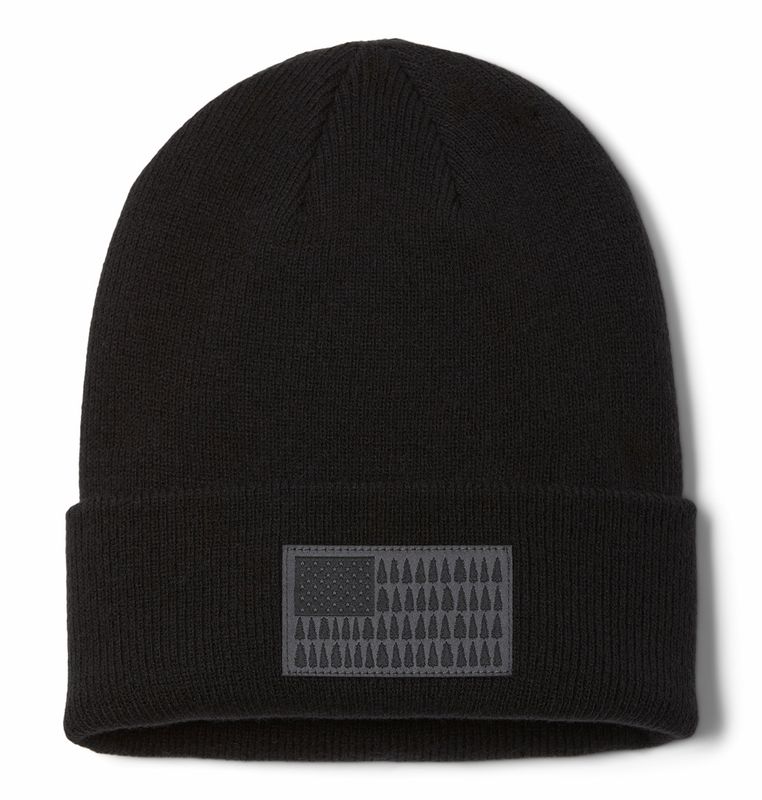 FRONT VIEW OF COLUMBIA UNISEX COLUMBIA TREE FLAG CUFFED BEANIE WINTER HAT IN BLACK