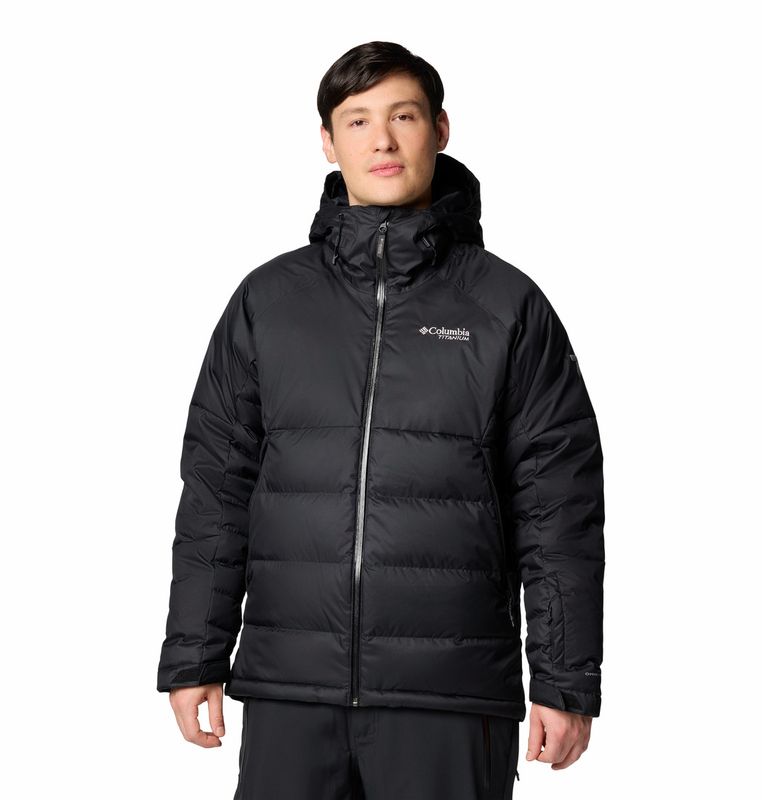 FRONT VIEW OF COLUMBIA MENS ROARING FORK II DOWN WINTER JACKET IN BLACK