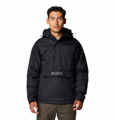 FRONT VIEW OF COLUMBIA MENS CHALLENGER II INSULATED PULLOVER WINTER JACKET IN BLACK