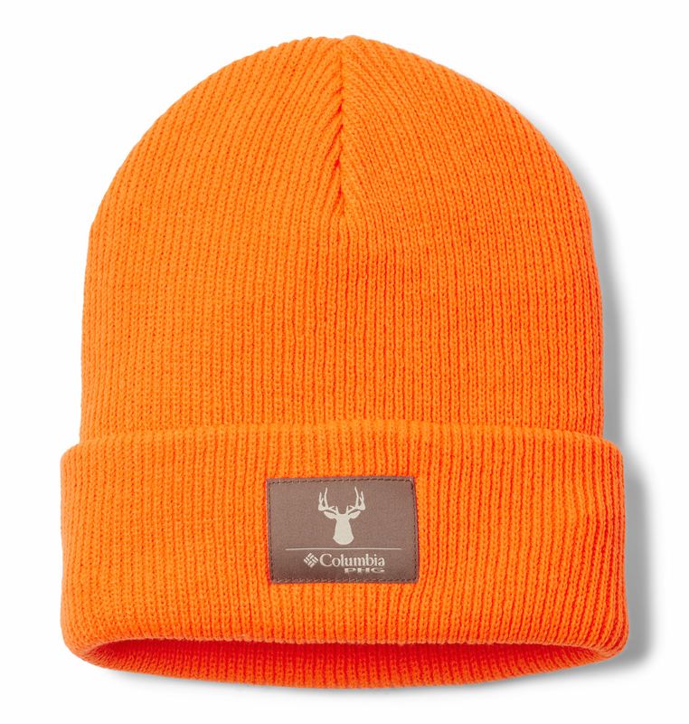 FRONT VIEW OF COLUMBIA UNISEX PHG CUFFED BEANIE WINTER HAT IN BLAZE/BUCK