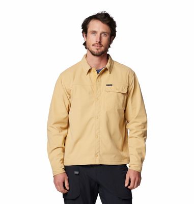 FRONT VIEW OF COLUMBIA MENS FLARE GUN CORDUROY LONG SLEEVE SHIRT IN LIGHT CAMEL
