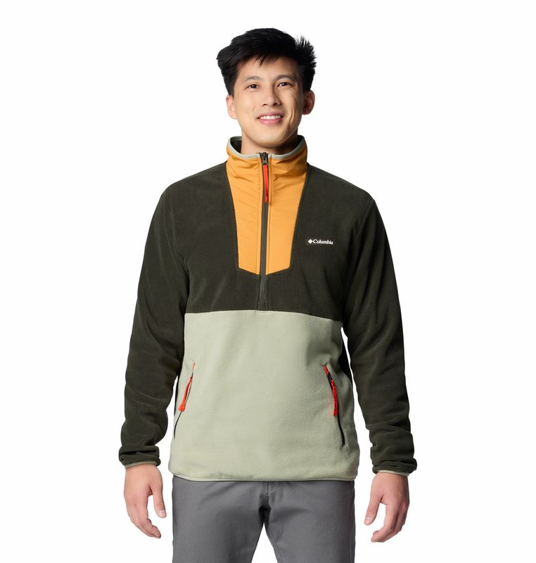 FRONT VIEW OF COLUMBIA MENS SEQUOIA GROVE HALF ZIP FLEECE SWEATER IN GREENSCAPE/SUNSTONE/SAFARI