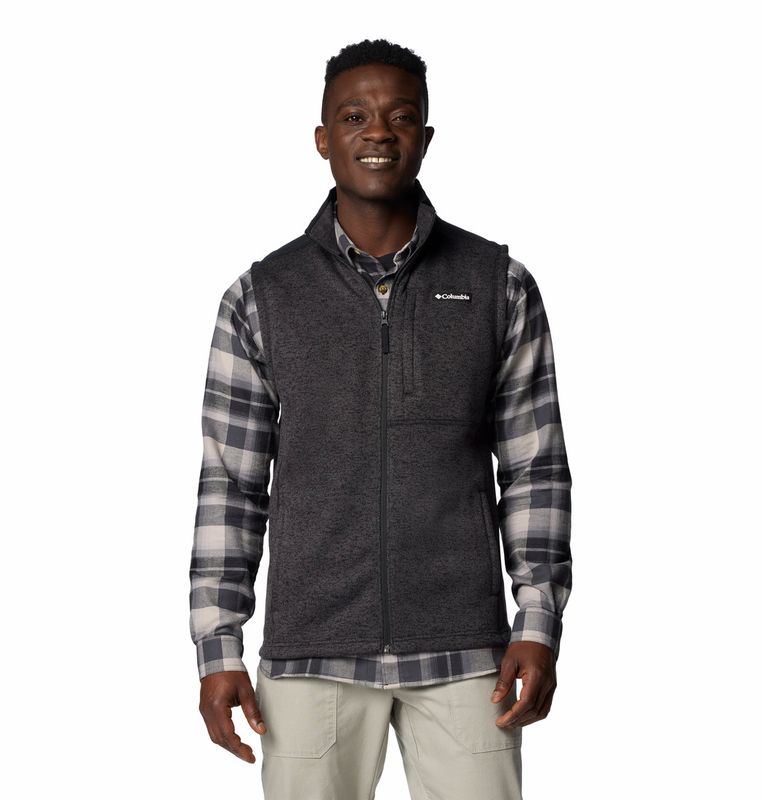 FRONT VIEW OF COLUMBIA MENS SWEATER WEATHER II VEST IN BLACK HEATHER/BLACK