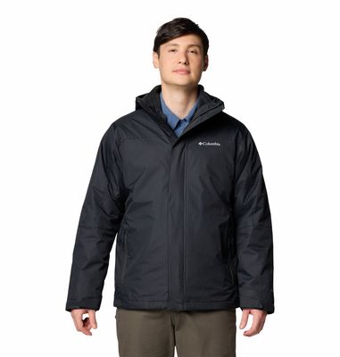 FRONT VIEW OF COLUMBIA MENS TUNNEL FALLS II INTERCHANGE WINTER JACKET IN BLACK