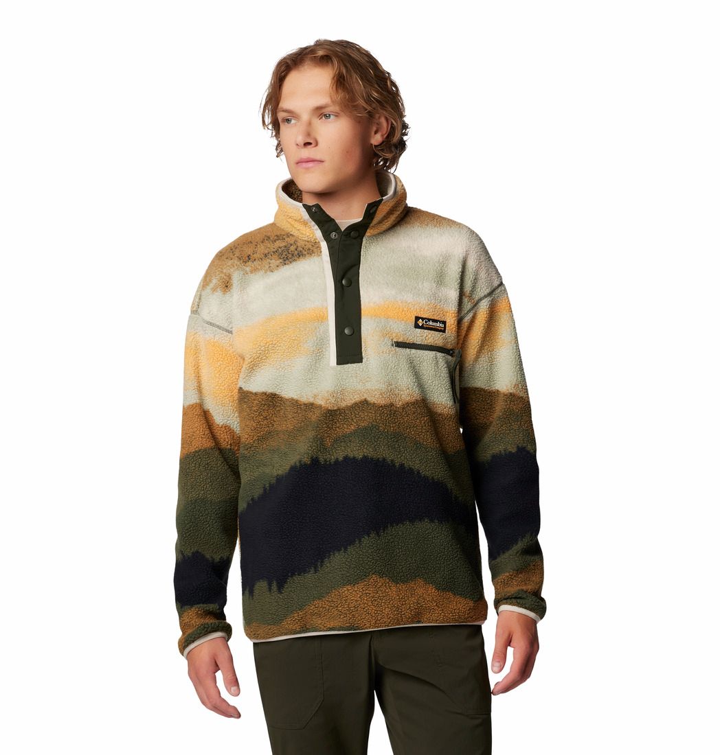 FRONT VIEW OF COLUMBIA MENS HELVETIA II PRINTED HALF SNAP FLEECE SWEATER IN GREENSCAPE DOLOMITES