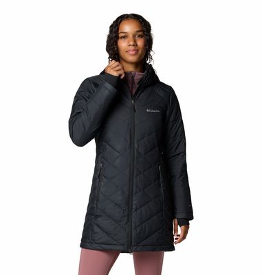 FRONT VIEW OF COLUMBIA WOMENS HEAVENLY LONG HOODED WINTER JACKET IN BLACK