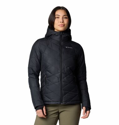 FRONT VIEW OF COLUMBIA WOMENS HEAVENLY HOODED WINTER JACKET IN BLACK