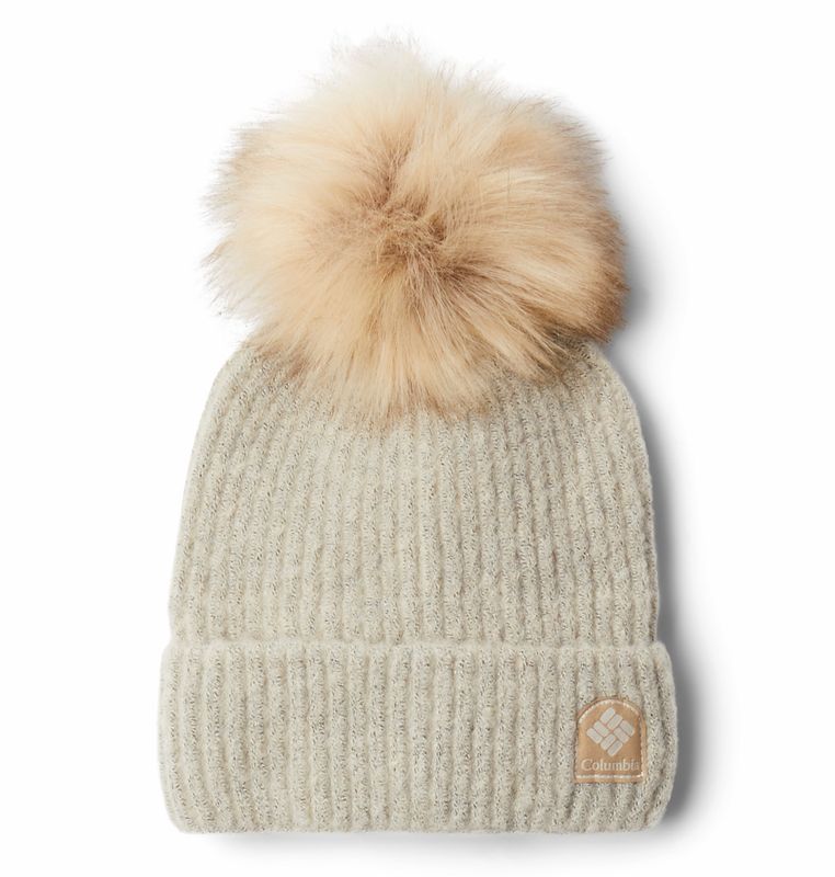 FRONT VIEW OF COLUMBIA UNISEX WINTER BLUR POM POM BEANIE WINTER HAT IN CHALK