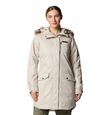 FRONT VIEW OF COLUMBIA WOMENS SUTTLE MOUNTAIN™ LONG INSULATED WINTER JACKET WITH PROTECTIVE HOOD