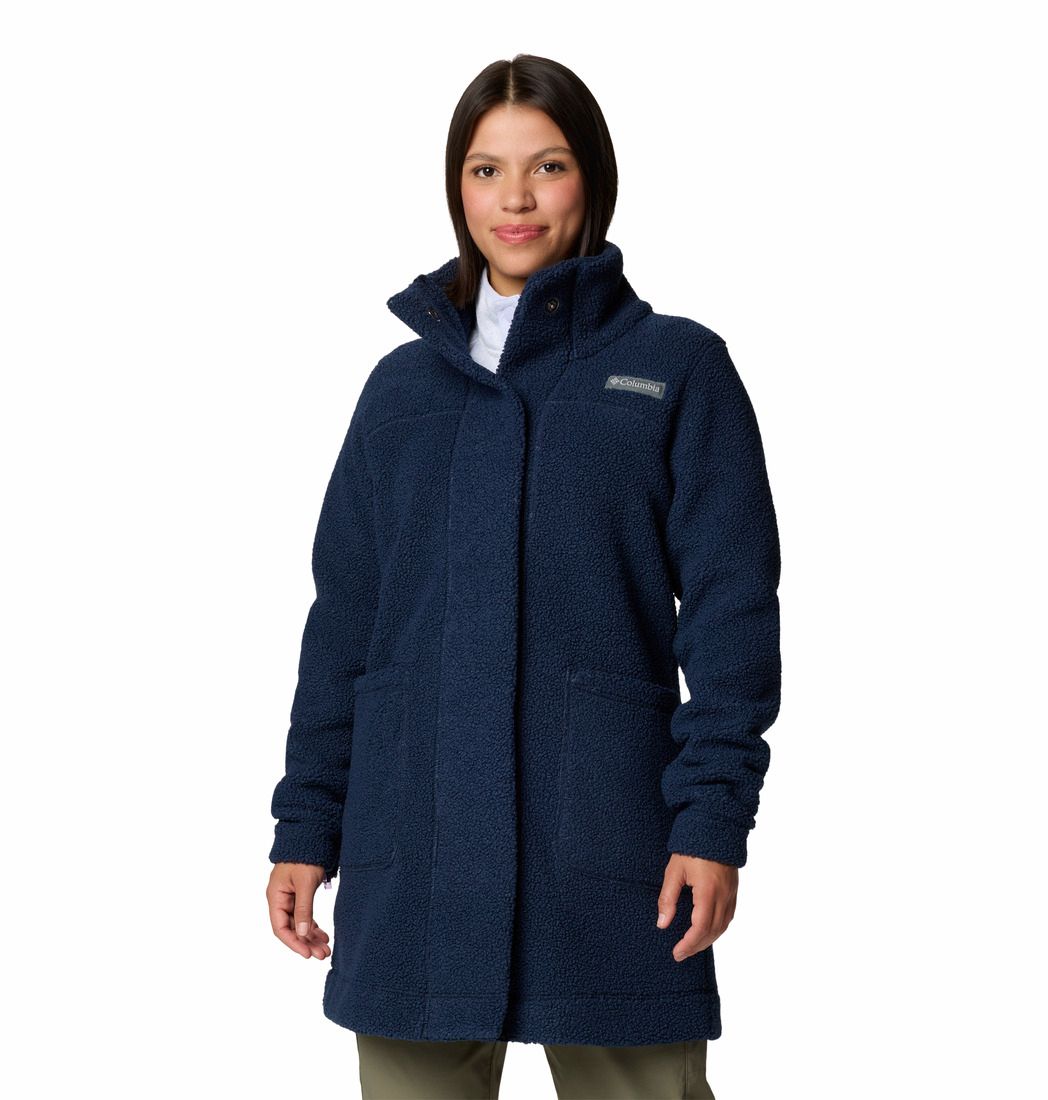 FRONT VIEW OF COLUMBIA WOMENS PANORAMA LONG WINTER JACKET IN COLLEGIATE NAVY