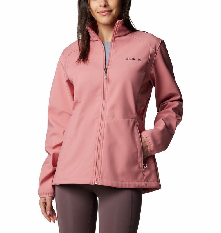 FRONT VIEW OF COLUMBIA WOMENS KRUSER RIDGE III SOFTSHELL JACKET IN PINK AGAVE