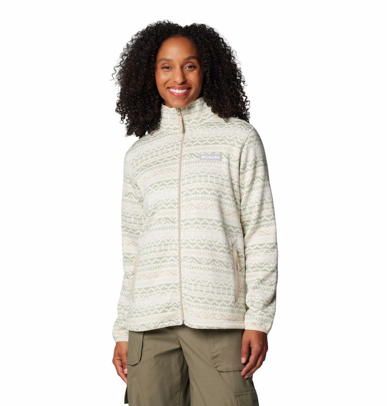 FRONT VIEW OF COLUMBIA WOMENS SWEATER WEATHER PRINT FULL ZIP SWEATER IN ANCIENT FOSSIL