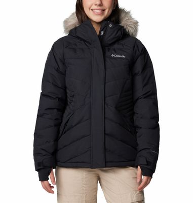 FRONT VIEW OF COLUMBIA WOMENS LAY D DOWN IV WINTER JACKET IN BLACK MATTE