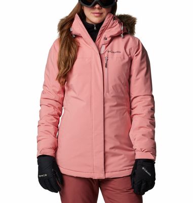 FRONT VIEW OF COLUMBIA WOMENS AVA ALPINE II INSULATED WINTER JACKET IN PINK AGAVE