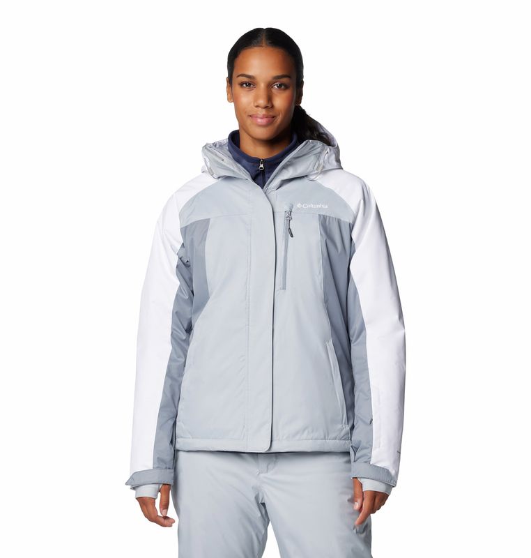 FRONT VIEW OF COLUMBIA WOMENS SNOWY SUMMIT INSULATED WINTER JACKET IN GREY/WHITE DOBBY