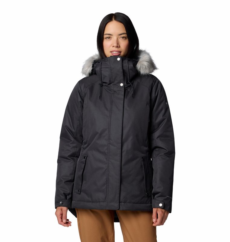 FRONT VIEW OF COLUMBIA WOMENS SUTTLE MOUNTAIN III INSULATED WINTER JACKET IN BLACK