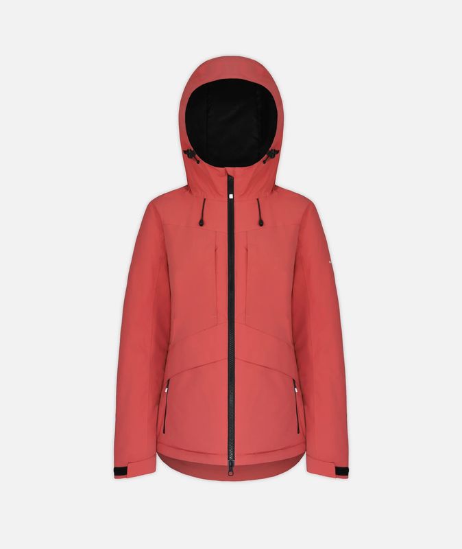 FRONT VIEW OF BOULDER GEAR WOMENS WHIMSICAL WINTER JACKET IN DUSTY CEDAR WITH 100% SEAM SEALED
