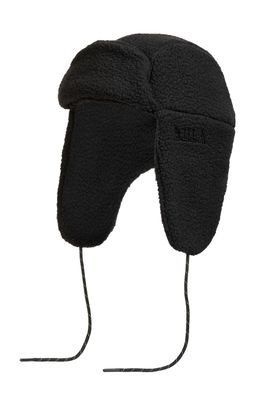 FRONT VIEW OF BULA UNISEX BEAR SHERPA TRAPPER WINTER HAT IN BLACK WITH OVER-EAR FLAPS