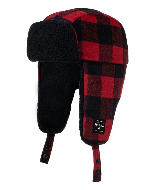 FRONT VIEW OF BULA UNISEX SHERPA TRAPPER WINTER HAT IN PLAID RED WITH SNAP CLOSURES
