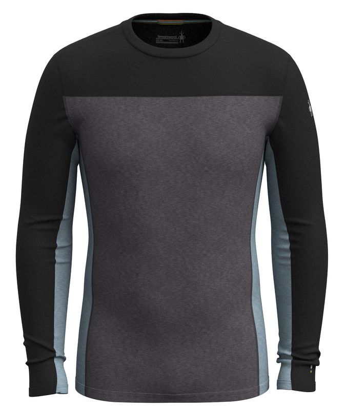 FRONT VIEW OF SMARTWOOL MENS CLASSIC THERMAL MERINO CREW BASELAYER TOP IN CHARCOAL HEATHER/BLACK