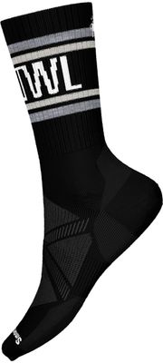 FRONT VIEW OF SMARTWOOL UNISEX ATHLETIC SMRTWL RETRO STRIPE CREW SOCKS IN BLACK WITH MERINO WOOL