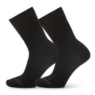 FRONT VIEW OF SMARTWOOL UNISEX EVERYDAY CABLE CREW 2 PACK SOCKS IN BLACK WITH MERINO WOOL