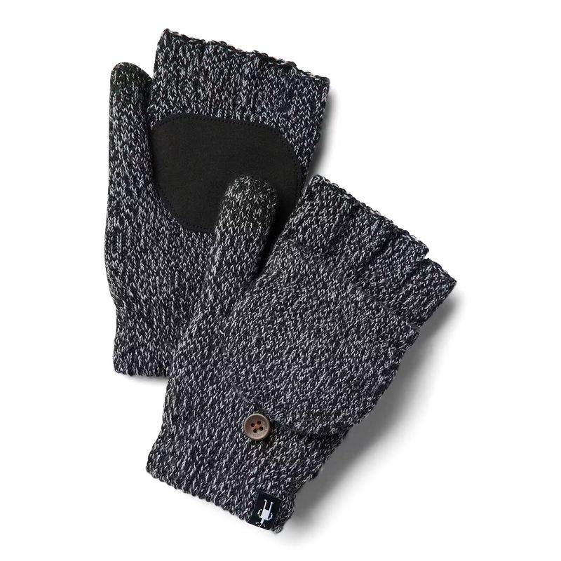 PALM AND BACK OF HAND VIEW OF SMARTWOOL UNISEX COZY GRIP FLIP MITTEN IN BLACK WITH MERINO WOOL