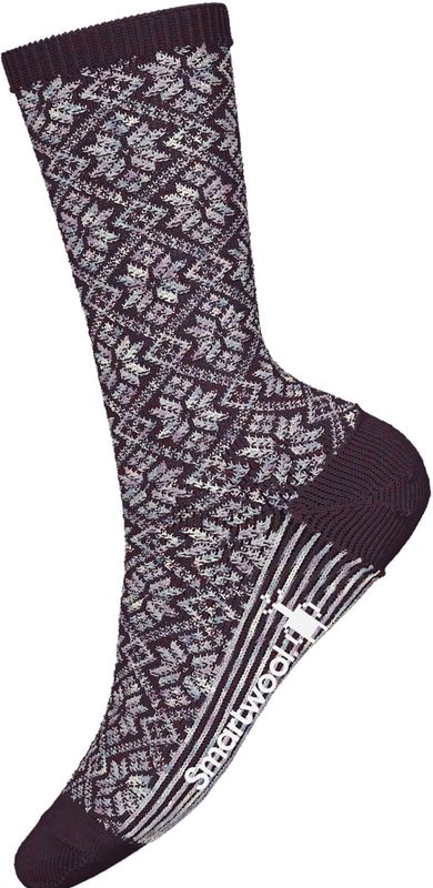FRONT VIEW OF SMARTWOOL UNISEX EVERYDAY TRADITIONAL SNOWFLAKE CREW SOCKS IN PURPLE IRIS WITH WOOL