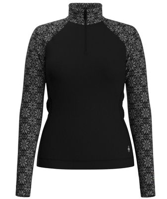 FRONT VIEW OF SMARTWOOL WOMENS CLASSIC THERMAL MERINO 1/4 ZIP BASELAYER TOP IN BLACK DIGI SNOW