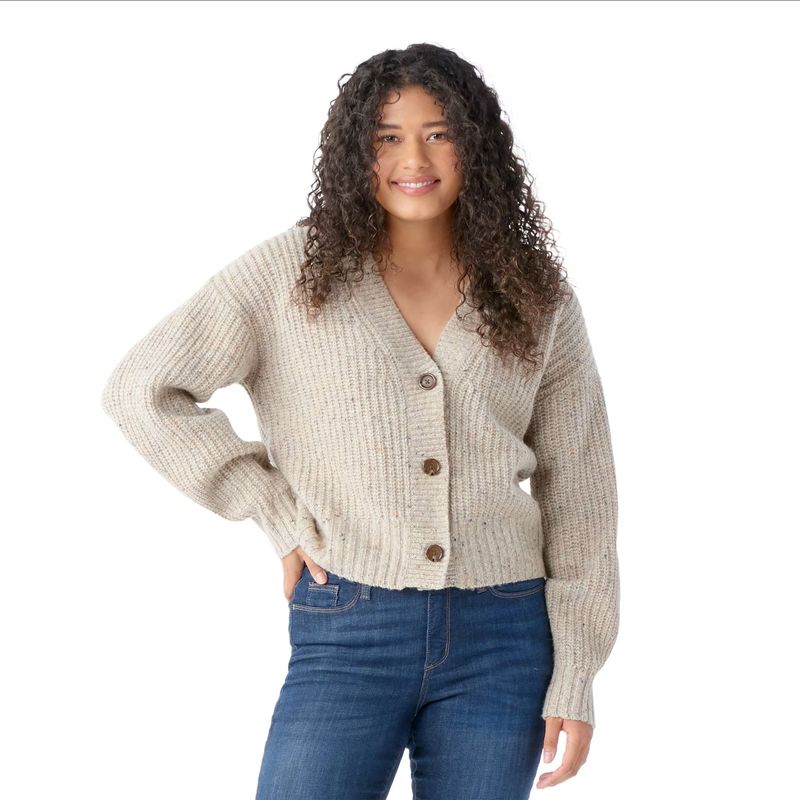 FRONT VIEW OF SMARTWOOL WOMENS COZY LODGE CROPPED CARDIGAN SWEATER IN OAT HEATHER WITH MERINO WOOL