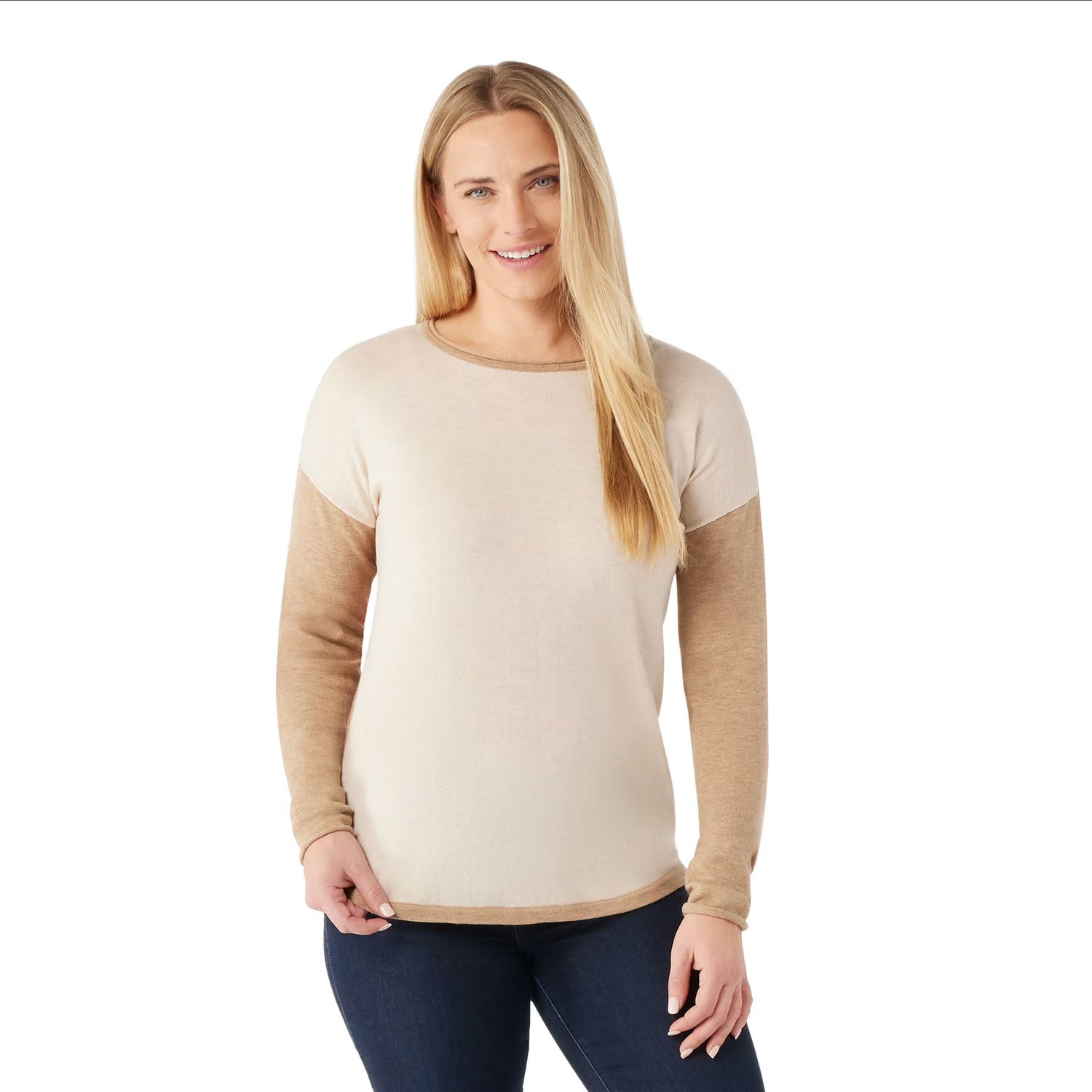 MAIN IMAGE OF SMARTWOOL WOMENS SHADOW PINE COLORBLOCK SWEATER IN ALMOND HEATHER XS