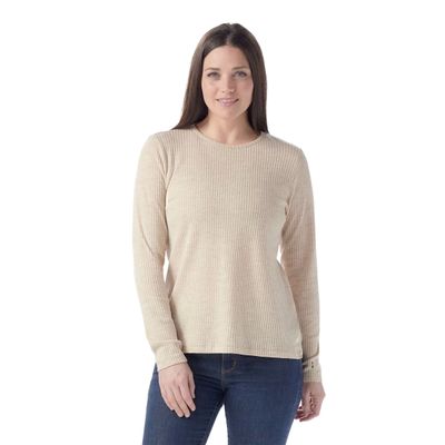 FRONT MODEL VIEW OF SMARTWOOL WOMENS THERMAL MERINO RIB CREW SWEATER IN TOASTED COCONUT HEATHER