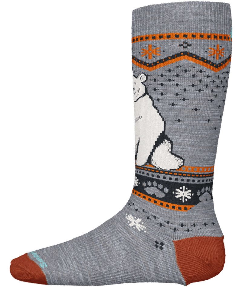 SMARTWOOL YOUTH WINTERSPORT FULL CUSHION POLAR BEAR PATTERN OTC SOCKS 24, Color: LIGHT GRAY, Size: MEDIUM