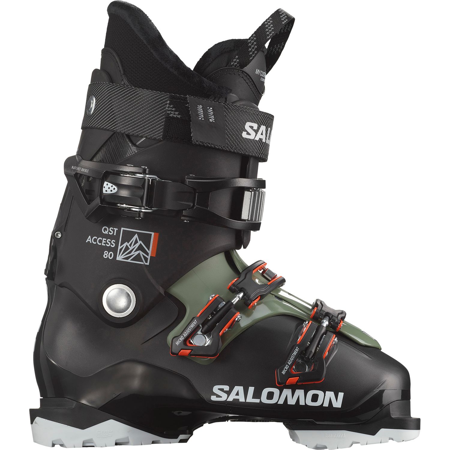 MAIN IMAGE OF SALOMON MENS QST ACCESS 80 GW DOWNHILL SKI BOOT IN BLACK/OIL GREEN/BELUGA 26.5