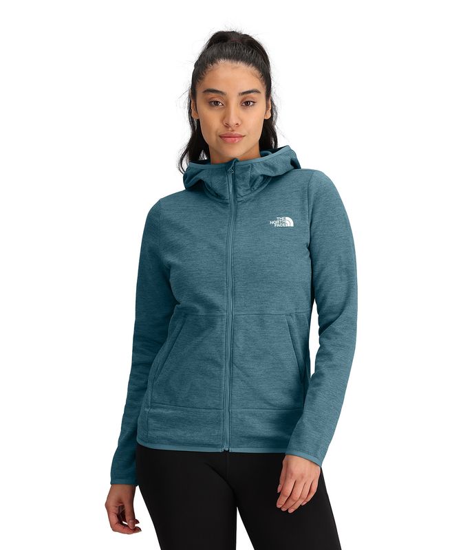 FRONT MODEL VIEW OF THE NORTH FACE WOMENS CANYONLANDS HOODIE WITH ATTACHED, THREE-PIECE HOOD AND SE…