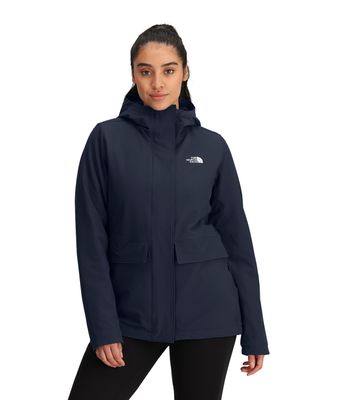 FRONT MODEL VIEW OF THE NORTH FACE WOMENS SHELBE RASCHEL INSULATED HOODED WINTER JACKET WITH HIGHLY…
