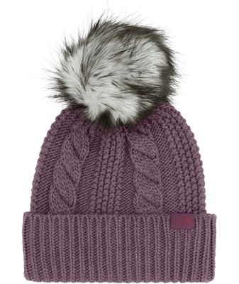 FRONT VIEW OF THE NORTH FACE WOMENS OH MEGA FUR POM BEANIE WINTER HAT WITH BODY FABRIC MADE WITH RE…