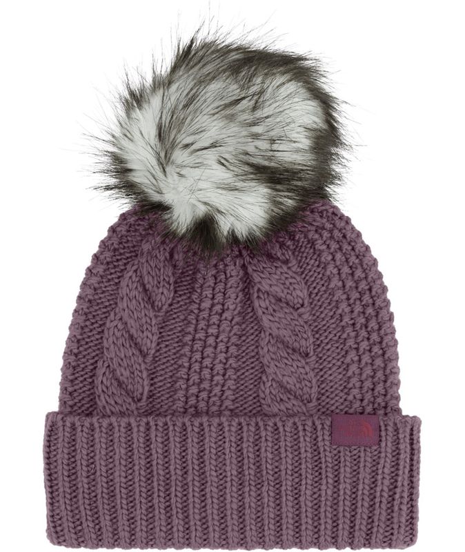 FRONT VIEW OF THE NORTH FACE WOMENS OH MEGA FUR POM BEANIE WINTER HAT WITH BODY FABRIC MADE WITH RE…