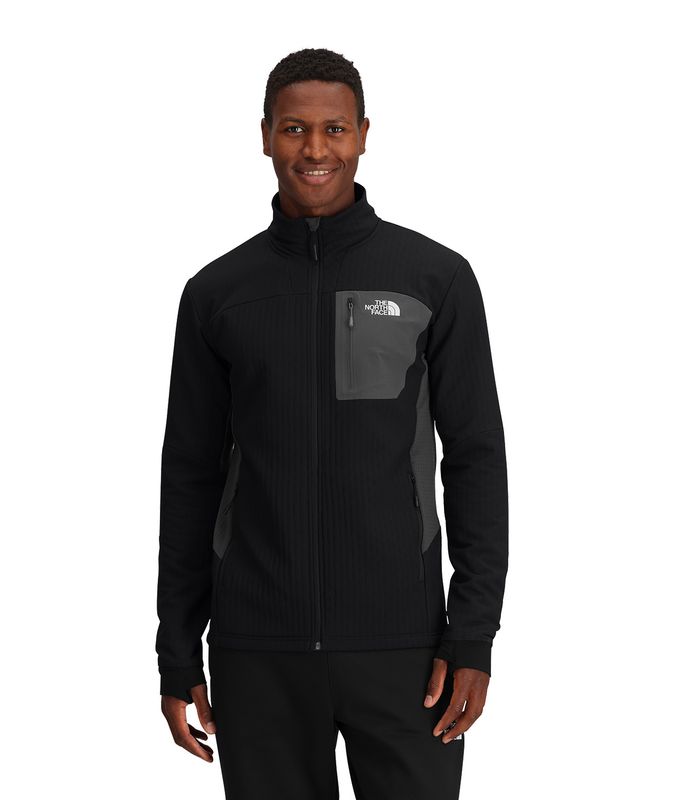 FRONT MODEL VIEW OF THE NORTH FACE MENS HIGHBALL FLEECE SWEATER WITH WIND-RESISTANT FABRIC AND ADDE…