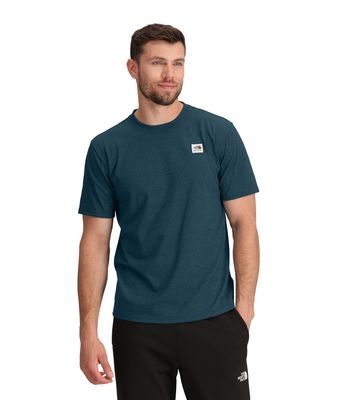 FRONT MODEL VIEW OF THE NORTH FACE MENS HERITAGE PATCH HEATHERED SHORT SLEEVE SHIRT WITH RIB ON COL…