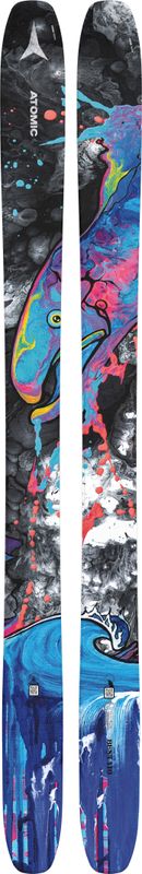 TOPSHEET VIEW OF ATOMIC UNISEX N BENT 110 DOWNHILL SKIS WITH LIGHT WOODCORE AND DURA CAP SIDEWALL