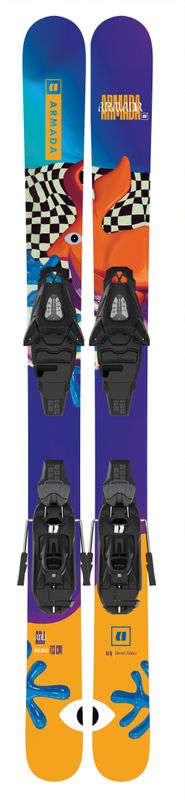 TOPSHEET AND BINDING VIEW OF ARMADA YOUTH ARJ R + C5 DOWNHILL SKIS WITH AR50 DURABLE SIDEWALL