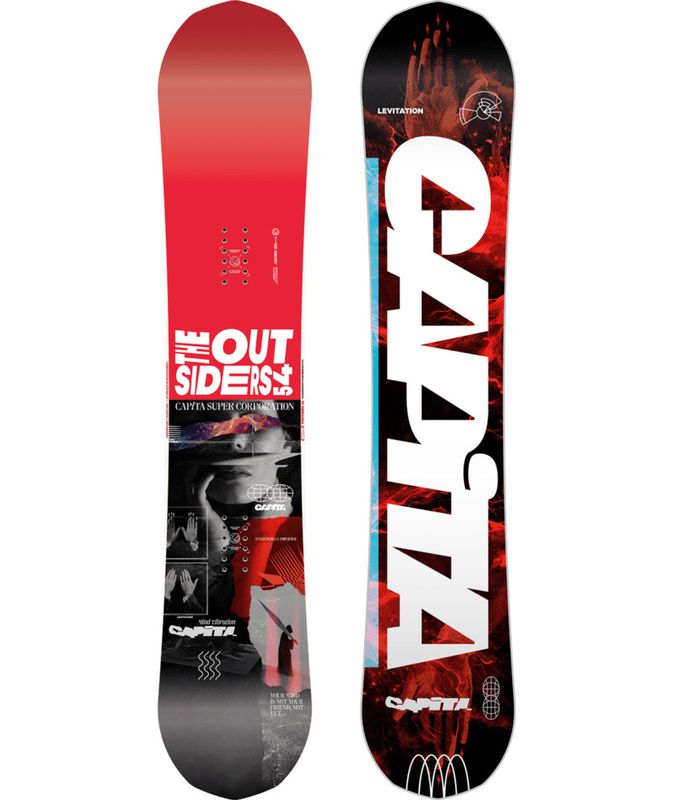 TOPSHEET AND BASE VIEW OF CAPITA MENS THE OUTSIDERS SNOWBOARD WITH LIGHTWEIGHT AND TRUE TWIN SHAPE