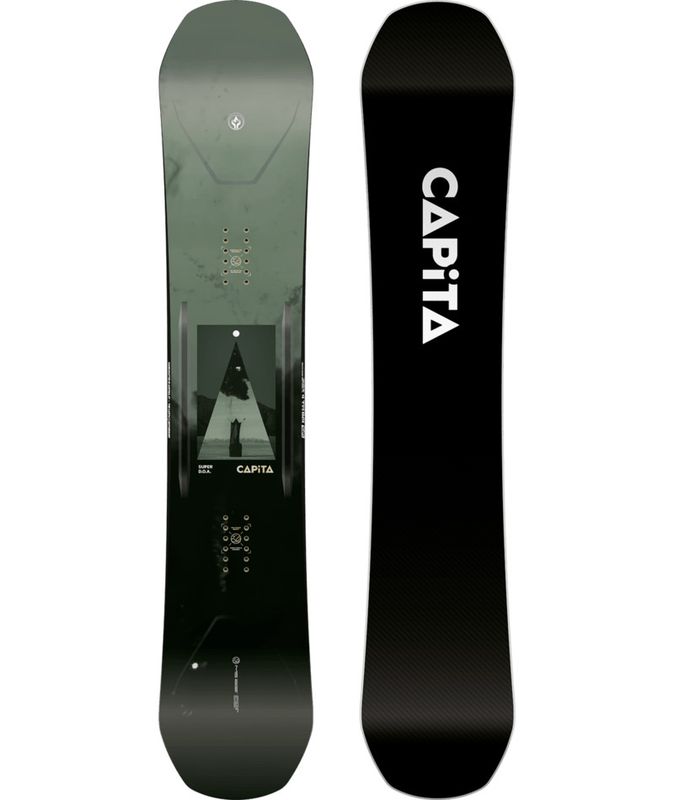 TOPSHEET AND BASE VIEW OF CAPITA MENS SUPER D.O.A. SNOWBOARD WITH TRUE TWIN SHAPE
